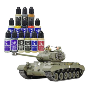 Model tank with paint bottles on a white background