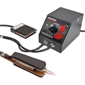 Soldering set pedal with footswitch and power supply on a gradient blue background