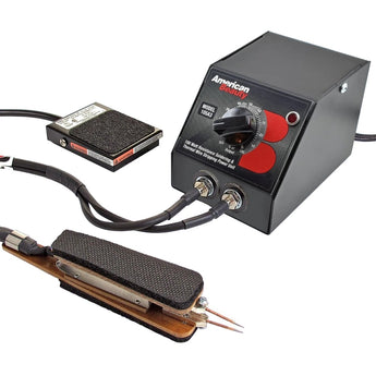 Soldering set pedal with footswitch and power supply on a gradient blue background