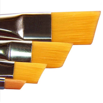 Three paintbrushes with yellow bristles and silver ferrules on a white background