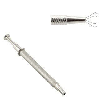 A stainless steel manual ear picking tool shown on a plain white background, with a smaller inset view at the top right showing the three prongs of the picking fork.