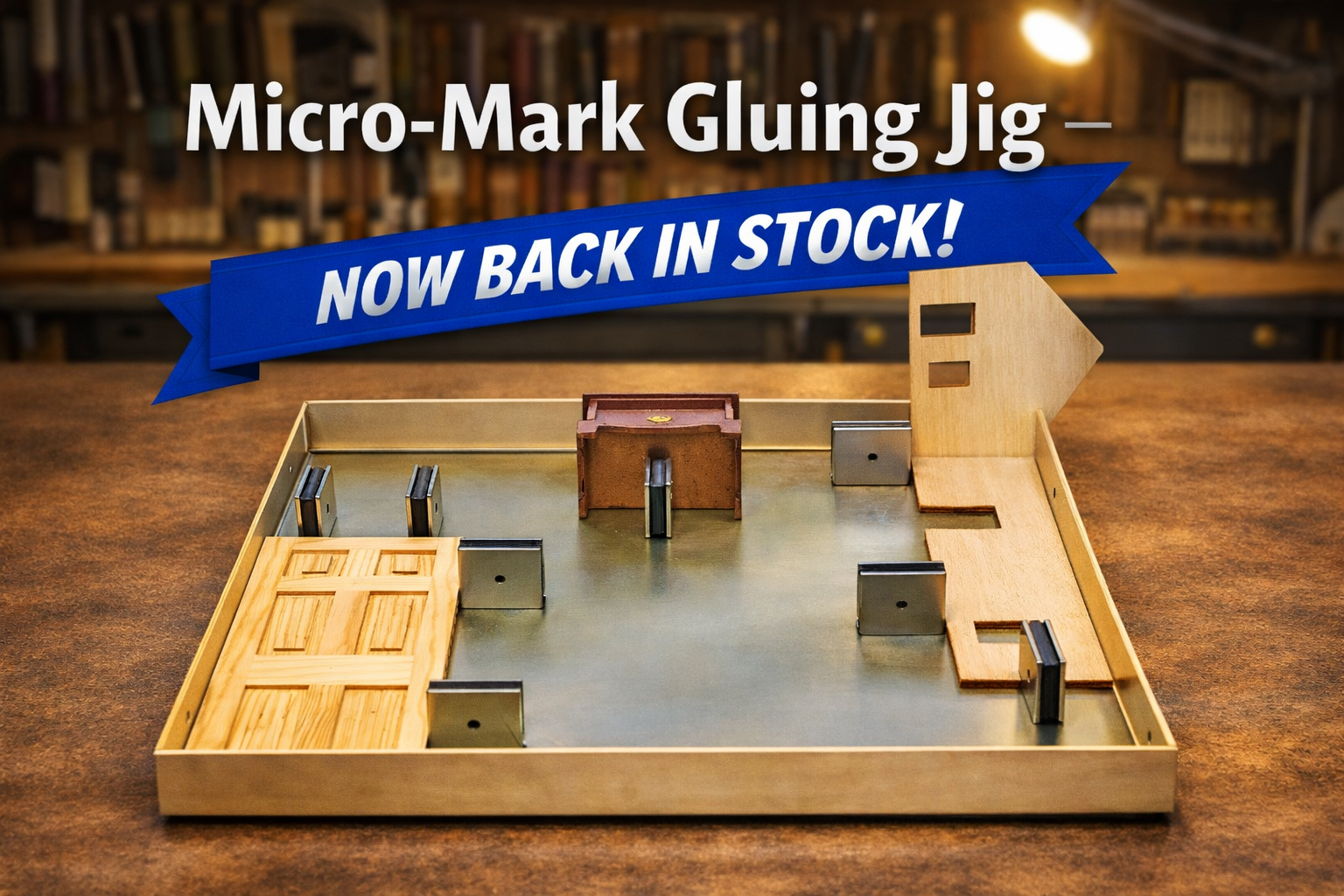Micro-Mark Gluing Jig on a wooden surface with promotional text overlay.