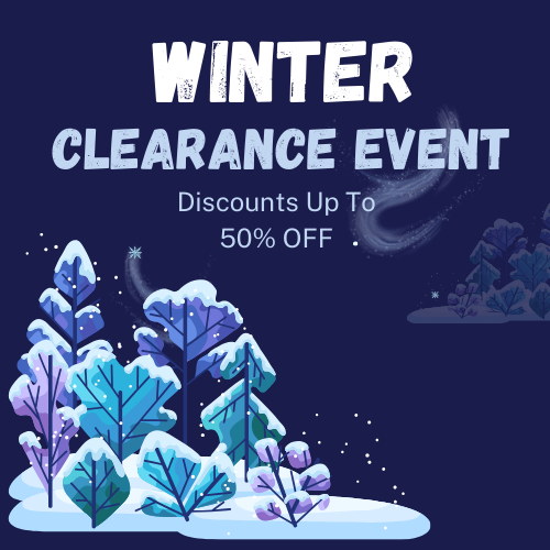 Winter clearance event advertisement with snowy trees on a dark blue background