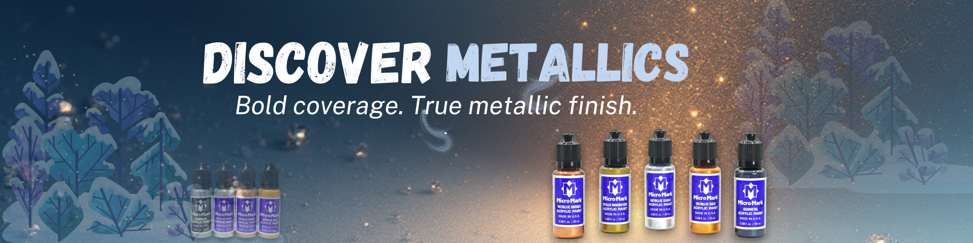 Promotional banner for metallic finishes with product bottles on a snowy background