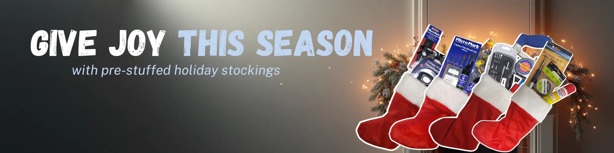 Advertisement for pre-stuffed holiday stockings with text 'Give Joy This Season' on a festive background.
