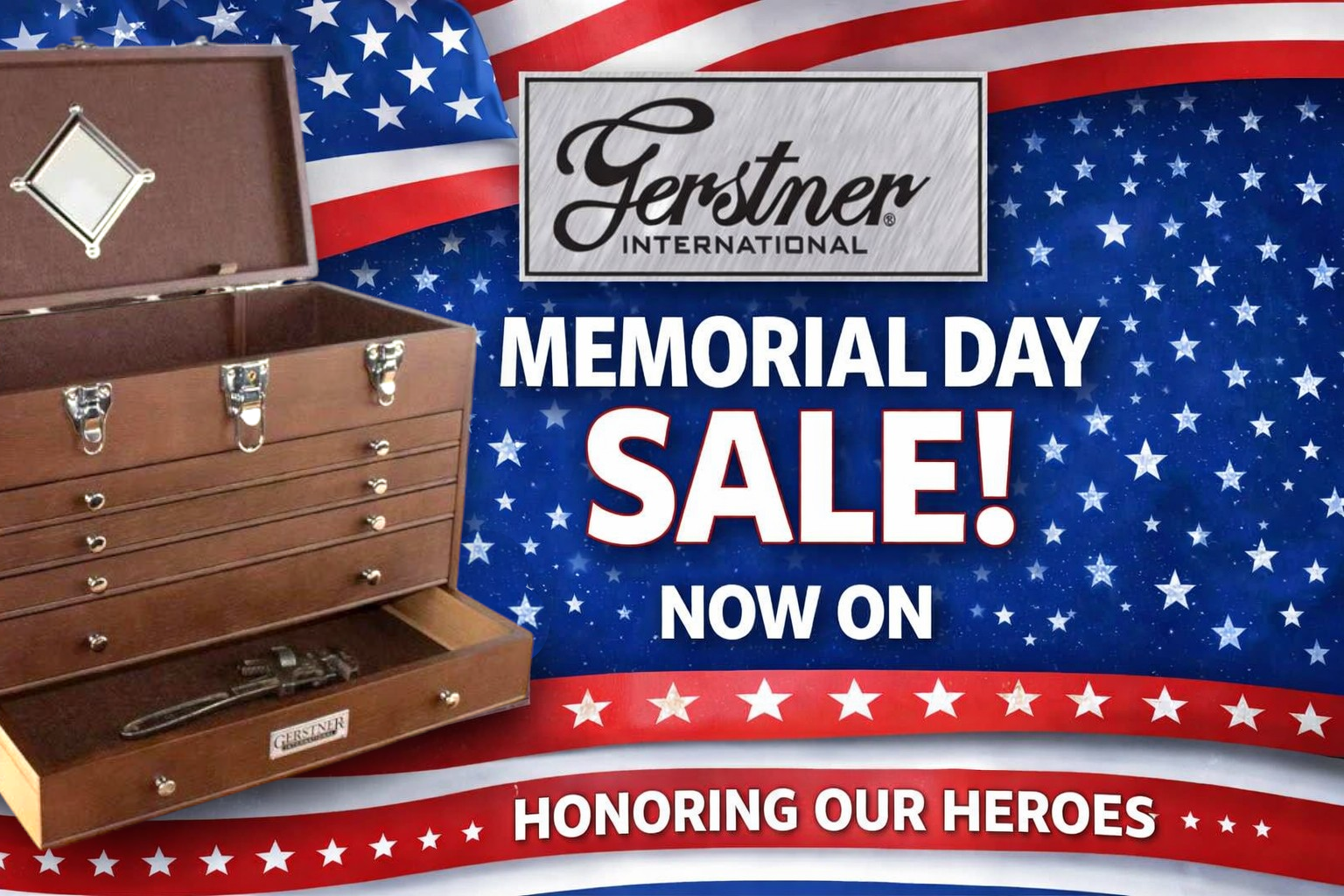 Advertisement for Gerstner International Memorial Day Sale with a tool chest and American flag background.