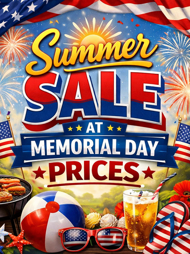 Promotional graphic for a summer sale at Memorial Day prices with American flags, fireworks, and beach-themed items.