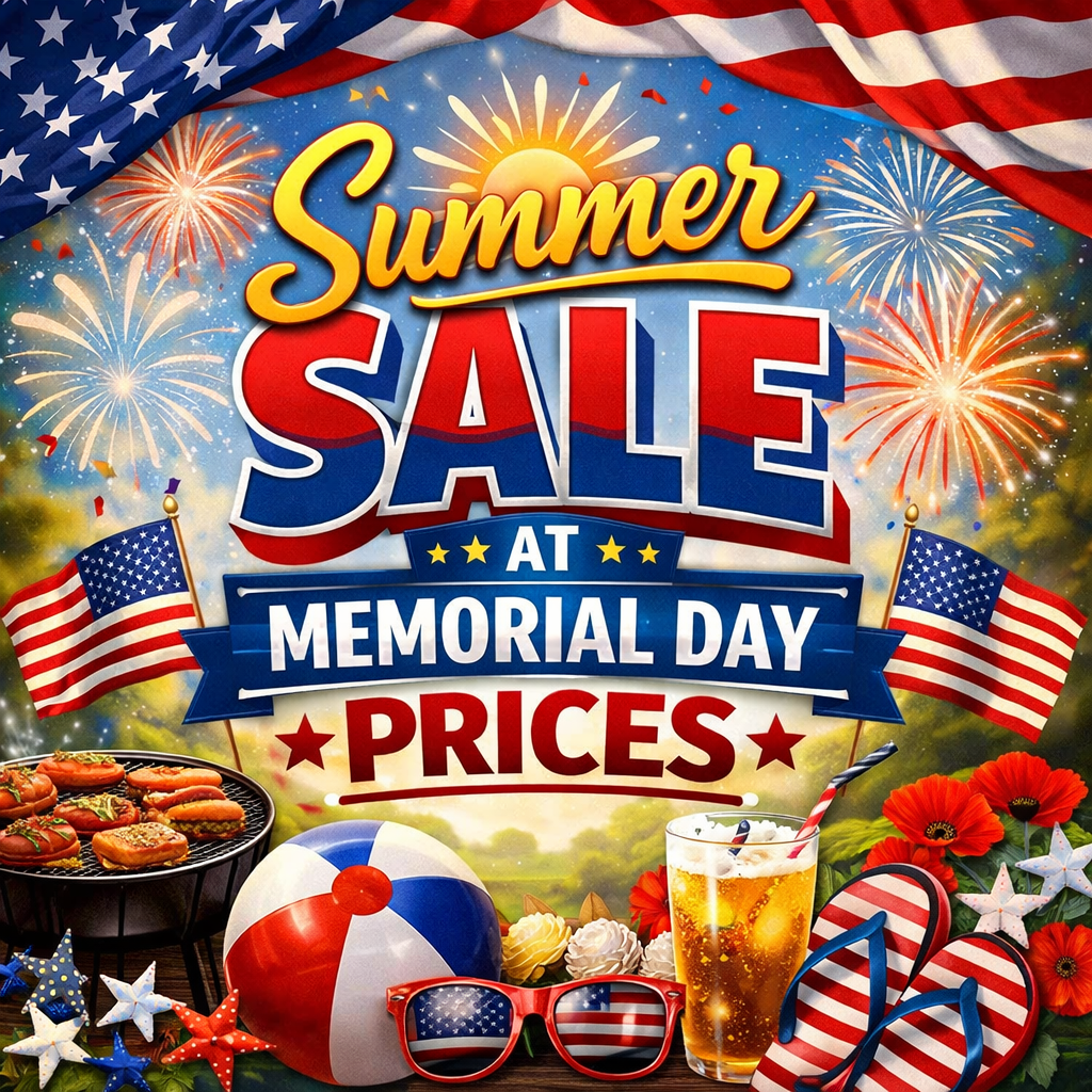 Promotional graphic for a summer sale at Memorial Day prices with American flags, fireworks, and beach-themed items.