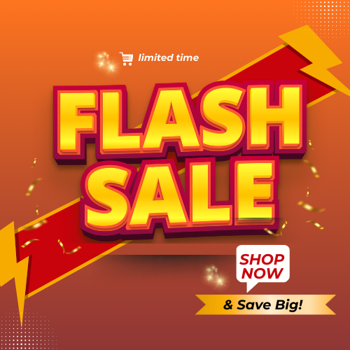 Flash sale promotional graphic with bright colors and 'Shop Now' call to action on an orange background.