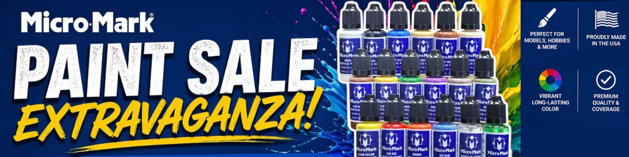 Promotional banner for Micro Mark Paint Sale Extravaganza with paint bottles and colorful design elements.