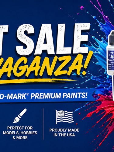 MicroMark paint sale extravaganza with colorful paint bottles on a vibrant background