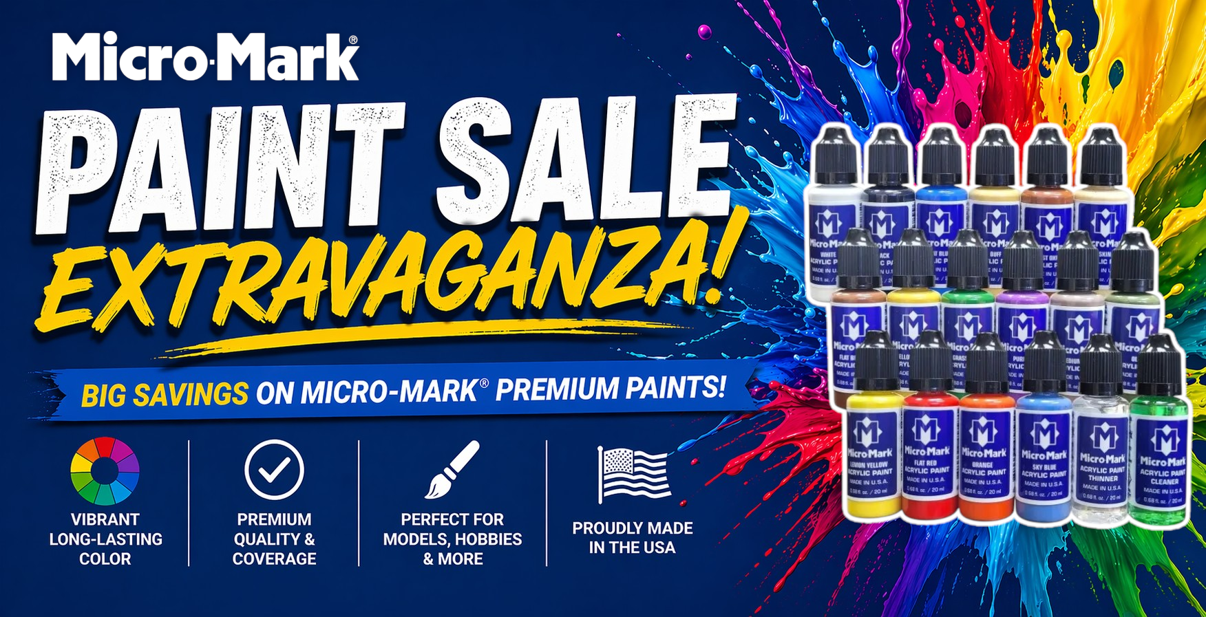 MicroMark paint sale extravaganza with colorful paint bottles on a vibrant background