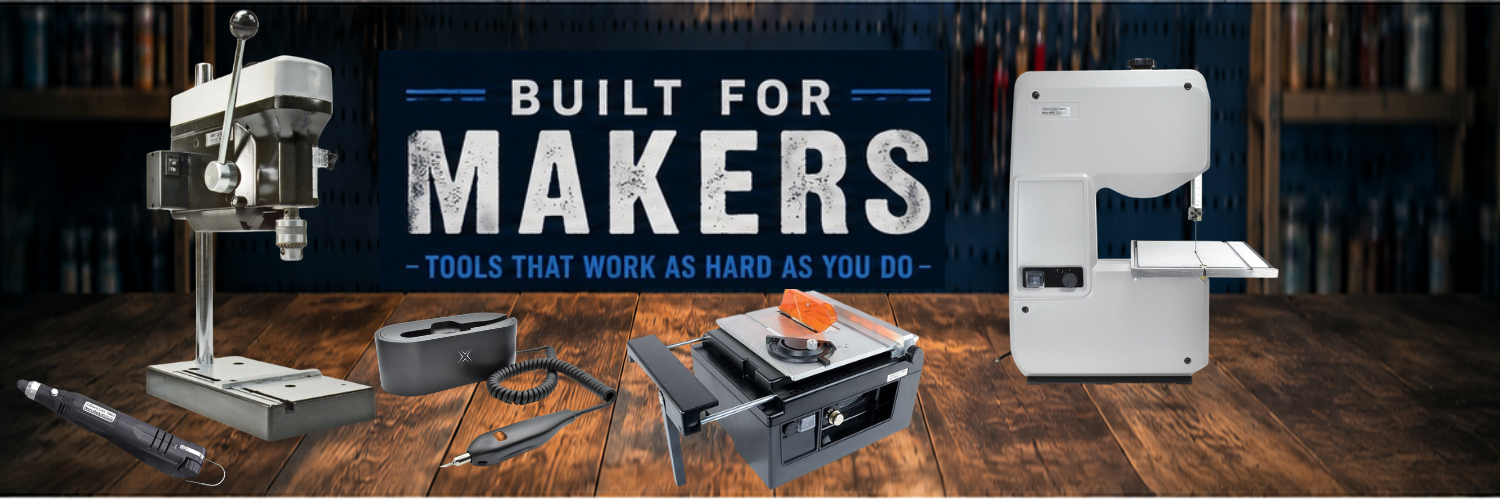 A promotional banner for a maker tool set featuring a white band saw, a metal drill press, a table saw, and other tools arranged on a wooden table with a dark blue background and the text 'BUILT FOR MAKERS'.