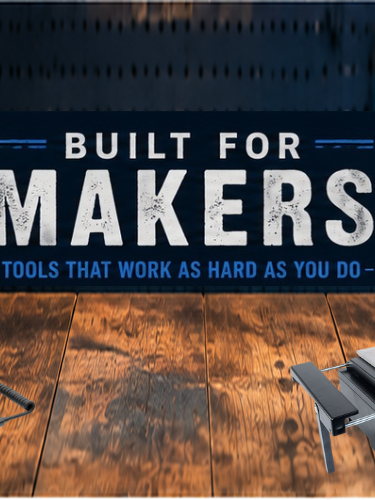 A promotional banner for maker tools showing a drill press, a white band saw, a rotary tool, and a pocket knife on a wooden workbench against a dark workshop background with the text 'BUILT FOR MAKERS'.