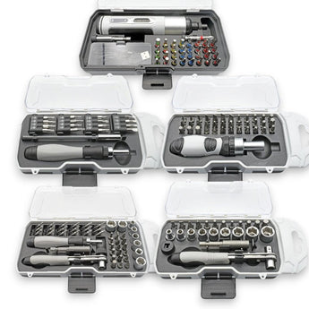 Set of tools in clear cases on a white background