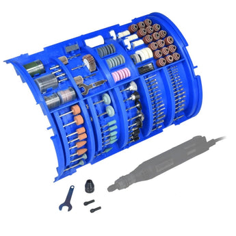 Blue rotary tool accessory set with various bits and attachments on a white background