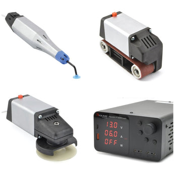 Collection of power tools and equipment on a white background