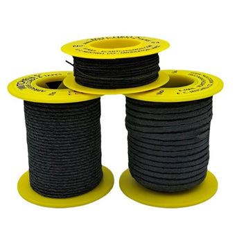 Three spools of black cable on yellow spools with labels against a white background
