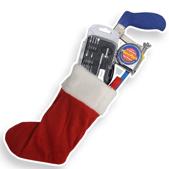 Red Christmas stocking with tools and a watch inside on a white background