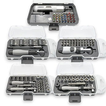 Set of tools in clear cases on a white background