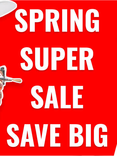 Spring super sale advertisement with tools and a hand holding an airbrush on a red background.