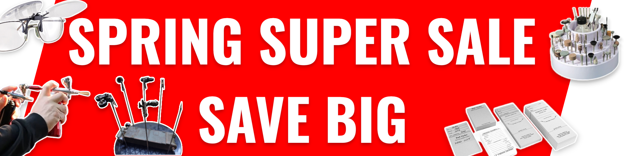 Spring super sale banner with tools and equipment on a red background