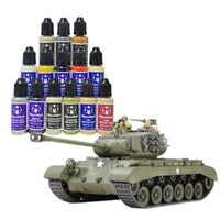 Model tank with paint bottles on a white background