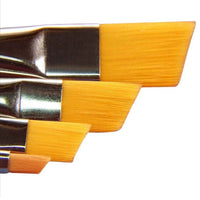Three paintbrushes with yellow bristles and silver ferrules on a white background