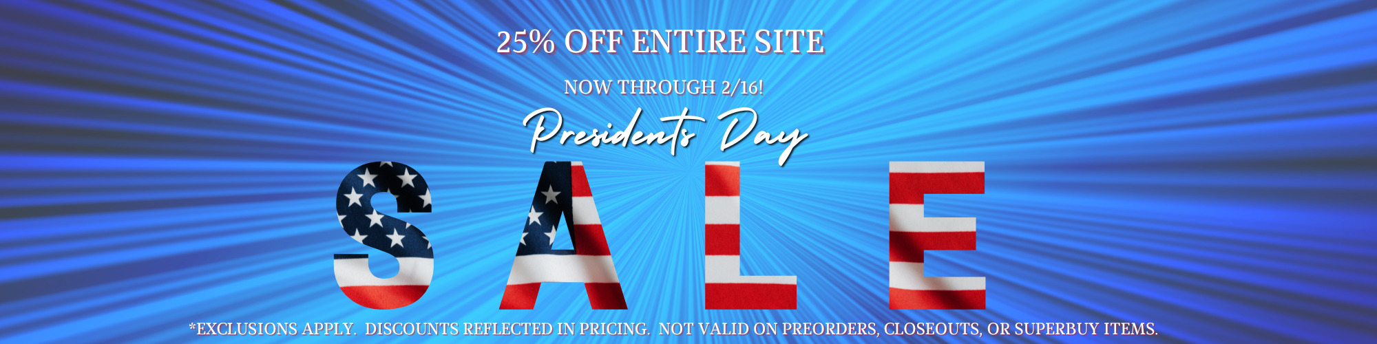 Promotional banner for a sale with American flag design and text on a blue background