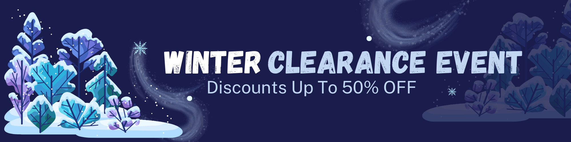 Winter clearance event banner with snowy trees and discount text on a dark blue background