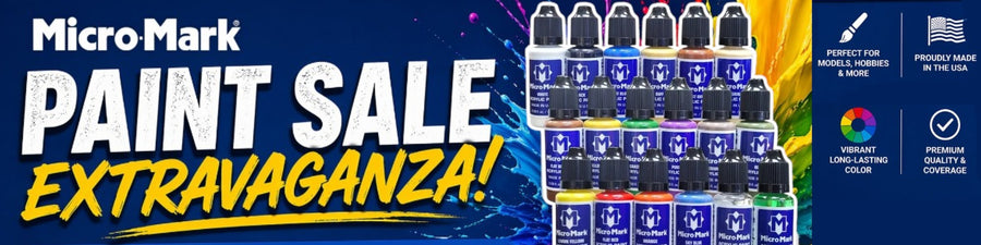 Promotional banner for Micro Mark Paint Sale Extravaganza with paint bottles and colorful design elements.