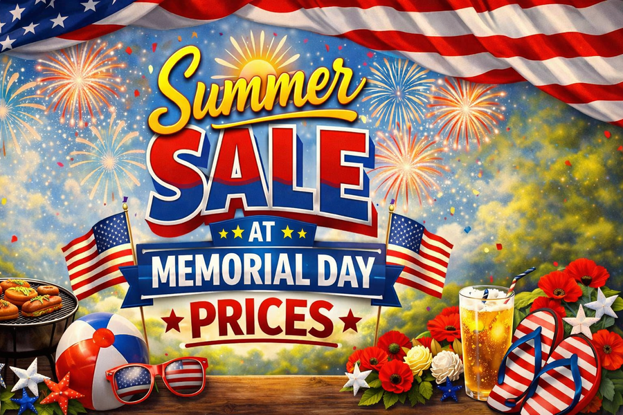 Memorial Day sale advertisement with American flags, fireworks, and beach-themed items.