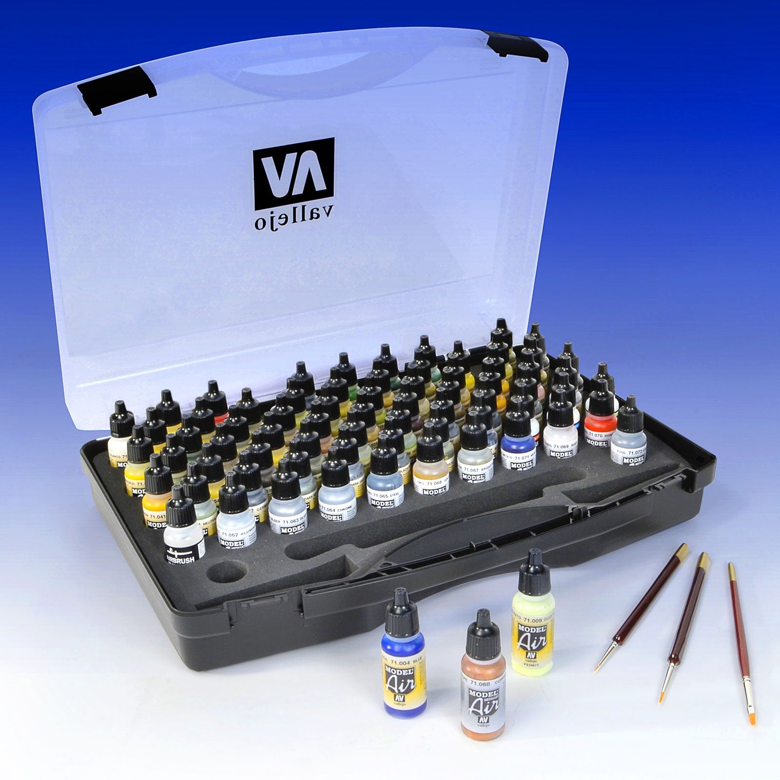 Acrylicos Vallejo Basic Colors Model Air Paint Set, with Case and Brushes, 72 Colors