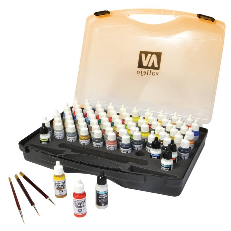 Acrylicos Vallejo Basic Colors Model Color Paint Set, with Case and Brushes, 72 Colors