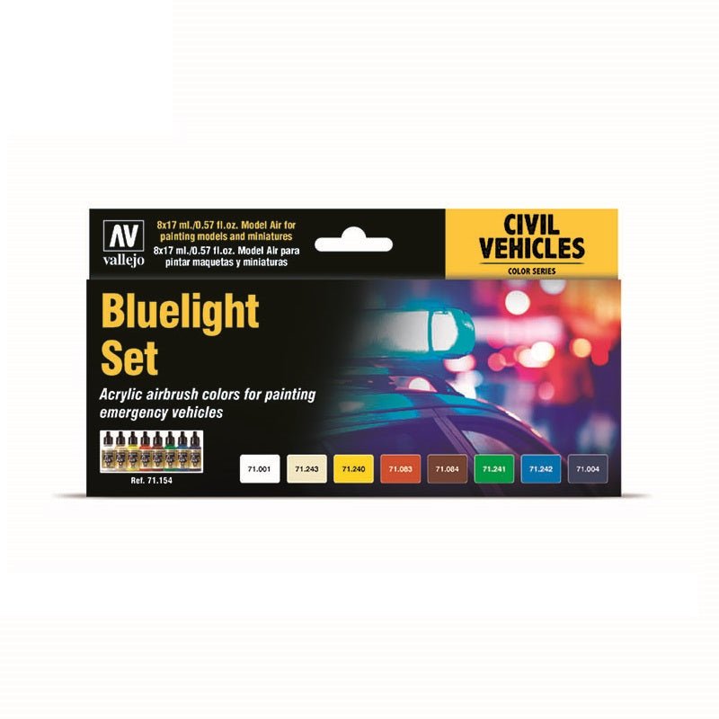 Acrylicos Vallejo Emergency Vehicles Bluelight, Airbrush Paint Set, 1/2 Fl. oz. Bottles, 8 Colors