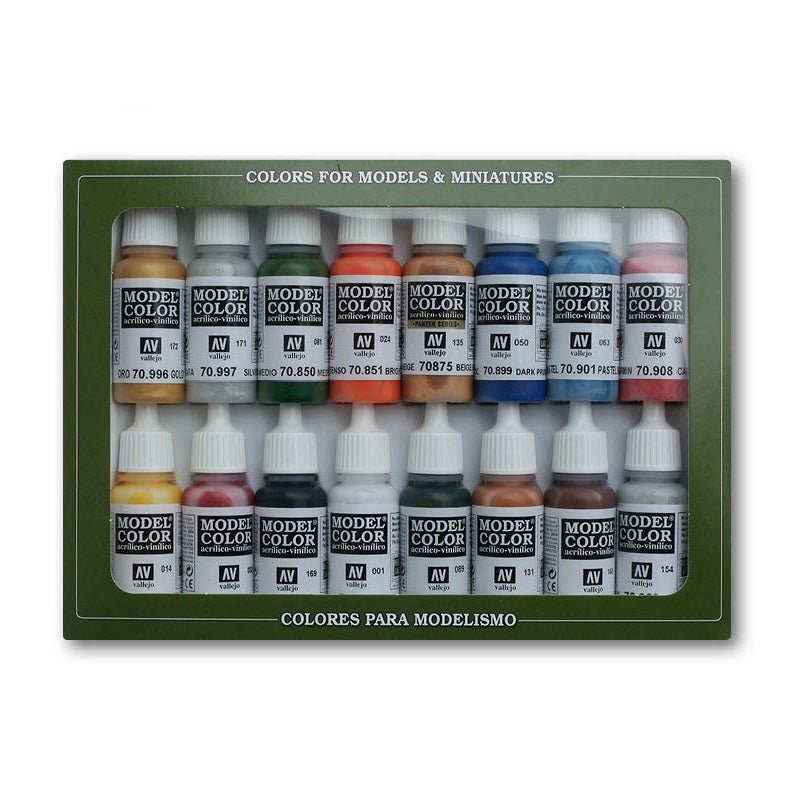 Acrylicos Vallejo Folkstone Basic Colors Model Color Paint Set, 1/2 fl. oz. bottles, 16 Colors