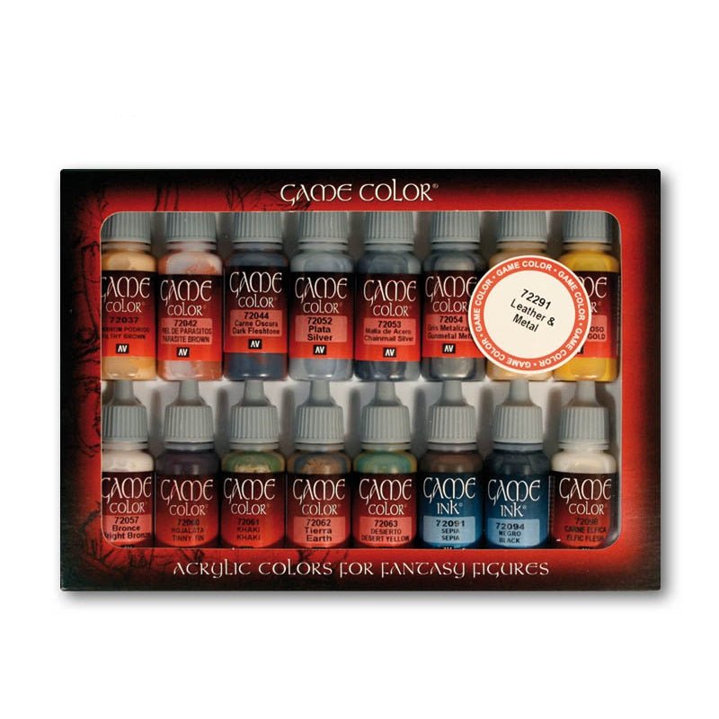 Acrylicos Vallejo Game Color Leather & Metal Set, Model Color Paint, 1/2 Fl. oz. Bottles, 16 Colors