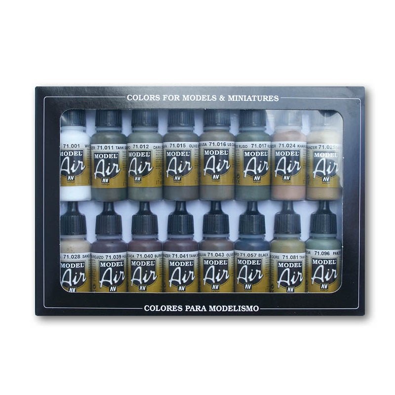 Acrylicos Vallejo German/Allied WWII Model Air Paint Set, 1/2 fl. oz. bottles, 16 Colors