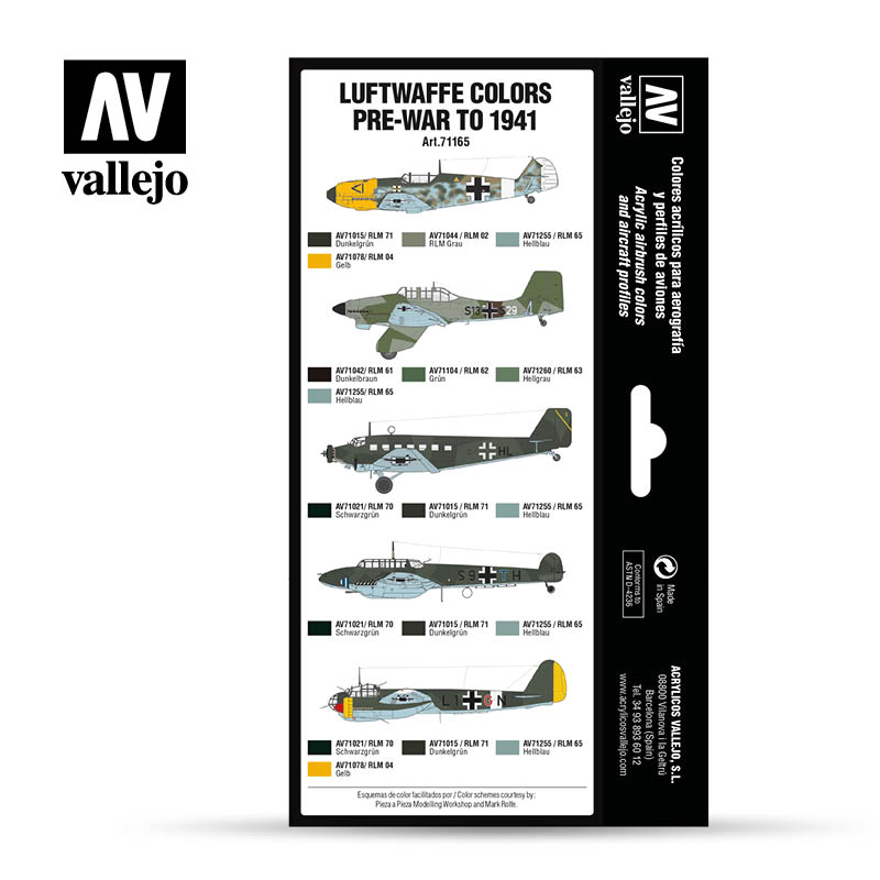 Acrylique Vallejo Luftwaffe Avant-guerre à 1941 Couleurs Modèle Air Paint Set, 1/2 Fl. ​​Oz. Oz. Bouteilles, 8 couleurs