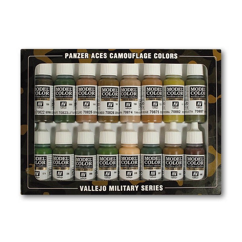 Acrylicos Vallejo Panzer Aces Camouflage Model Color Paint Set, 1/2 fl. oz. bottles, 16 Colors
