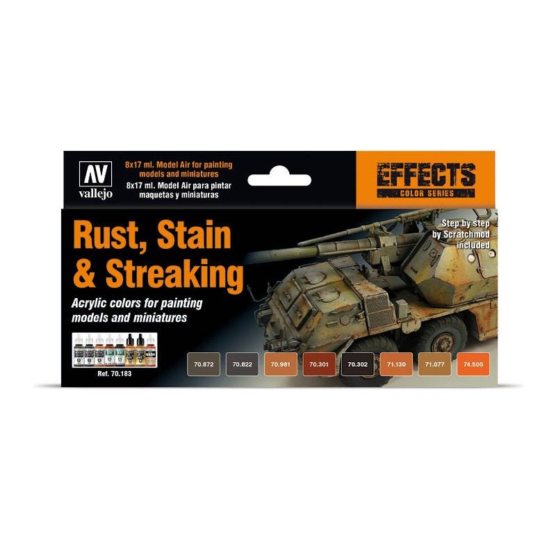 Acrylicos Vallejo Rust, Stain & Streaking, Model Air Paint Set, 1/2 Fl. oz. Bottles, 8 Colors