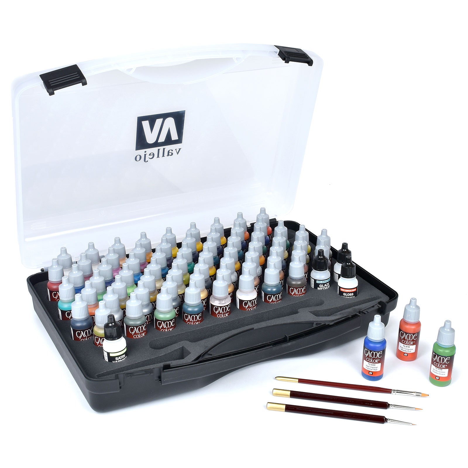Acrylicos Vallejo Tabletop Game Basic Colors Model Paint Set, with Case and Brushes, 72 Colors