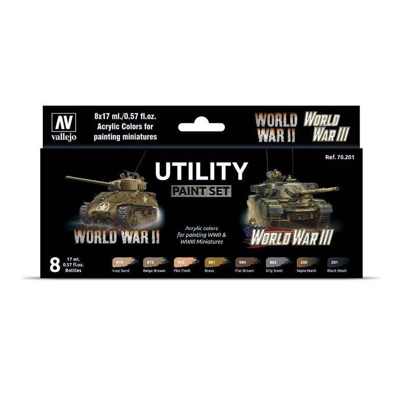 Acrylicos Vallejo Utility Paint Set WWII & WWIII, 1/2 Fl. oz. Bottles, 8 Colors