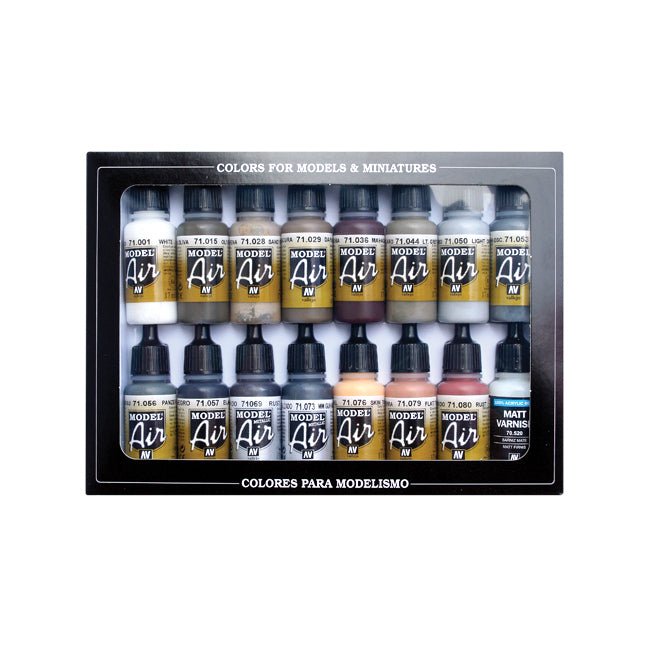 Acrylicos Vallejo Weathering Model Air Paint Set, 1/2 fl. oz. bottles, 16 Colors - Micro - Mark Acrylic Airbrush Paint