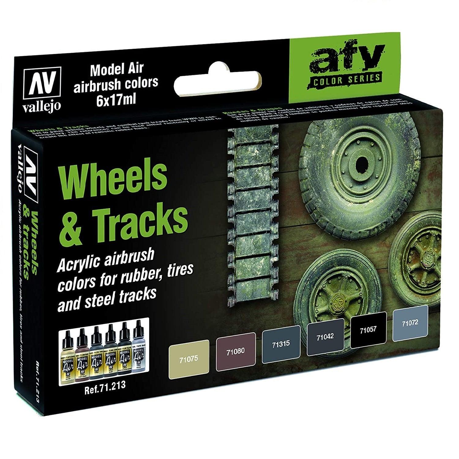 Acrylicos Vallejo Wheels & Tracks, Model Air Paint Set, 1/2 Fl. oz. Bottles, 6 Colors