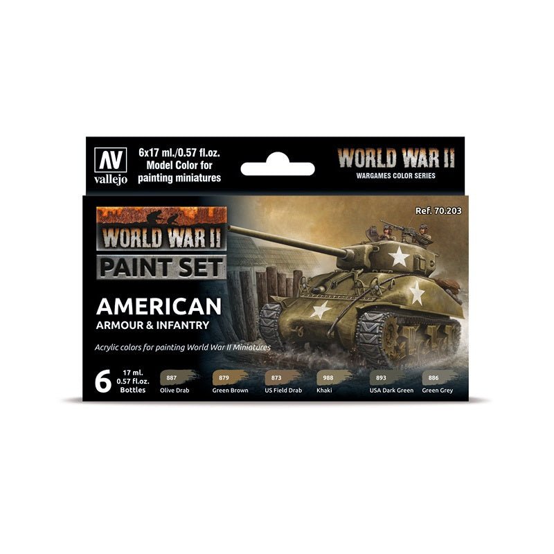 Acrylicos Vallejo WWII American Armour & Infantry Model Color Paint Set, 1/2 fl. oz. bottles, 6 Colors