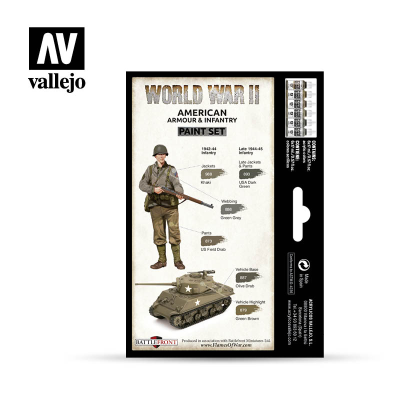 Acrylicos Vallejo WWII American Armour & Infantry Model Color Paint Set, 1/2 fl. oz. bottles, 6 Colors