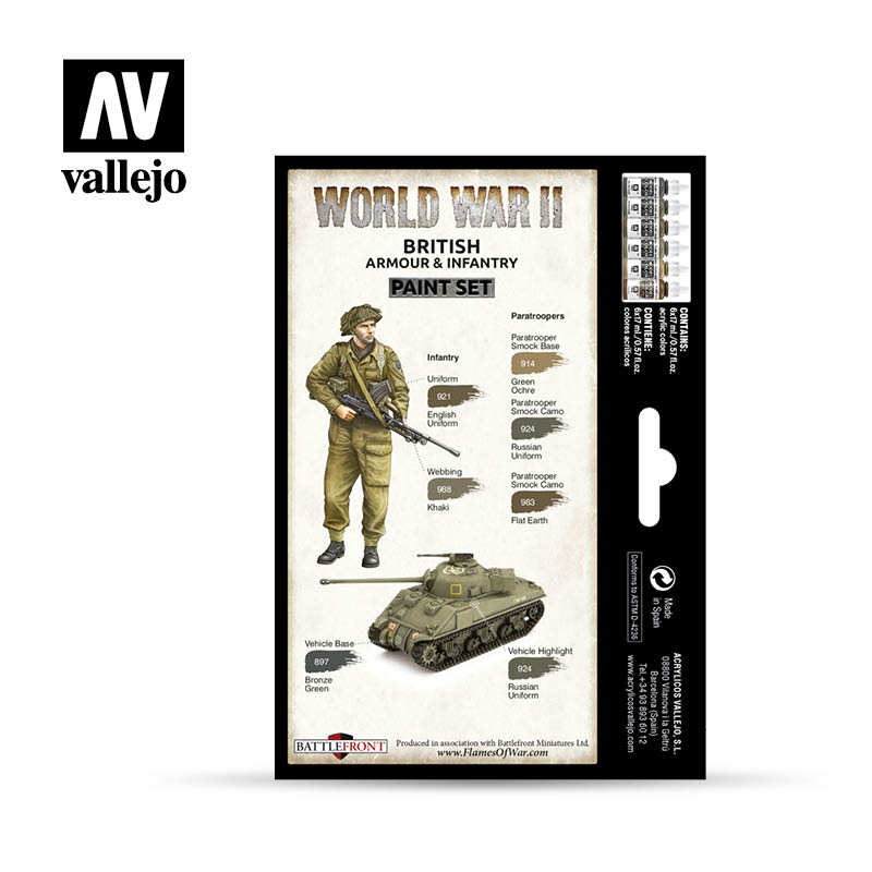 Acrylicos Vallejo Ensemble de peinture couleur pour modèle d'armure et d'infanterie britannique de la Seconde Guerre mondiale, 1/2 fl. onces. bouteilles, 6 couleurs