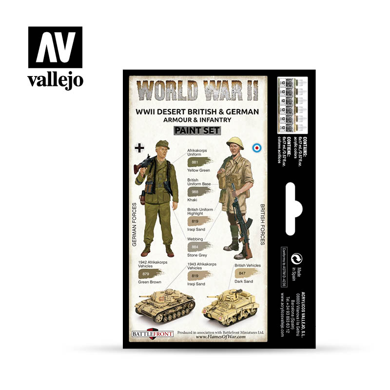 Acrylicos Vallejo WWII Desert British & German Armour & Infantry Model Color Paint Set, 1/2 fl. oz. bottles, 6 Colors - Micro - Mark Acrylic Paint