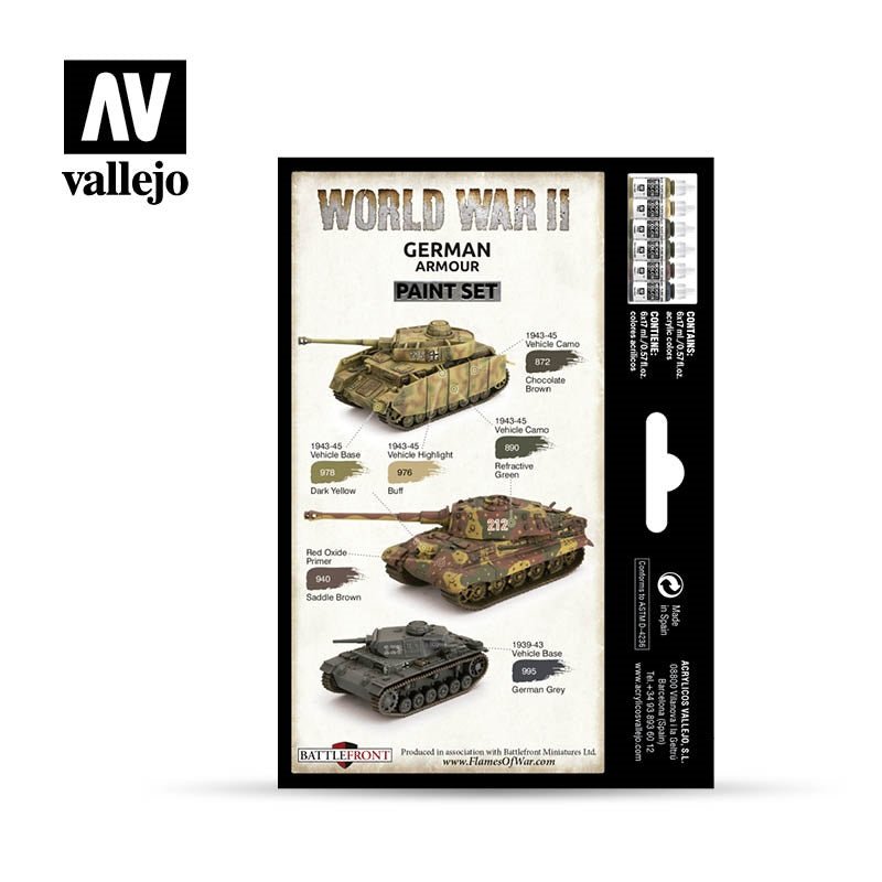 Acrylicos Vallejo WWII German Armour Color Paint Set, 1/2 fl. oz. bottles, 6 Colors